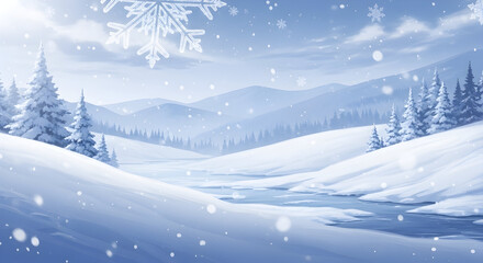 A serene winter landscape with snowcovered hills, frosted trees, and gentle snowfall creating a peaceful and picturesque scene of winters beauty