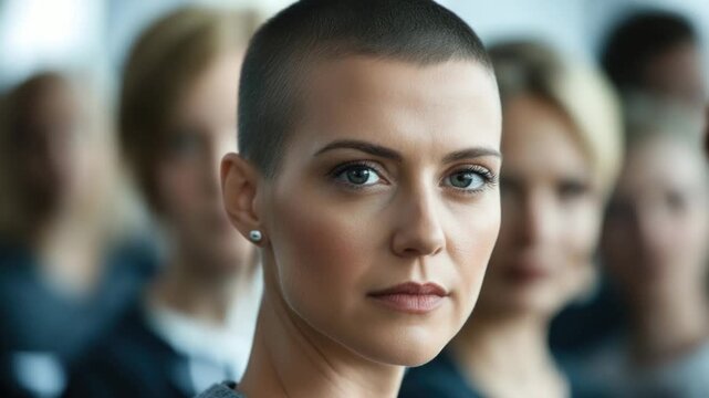 Video A person with a shaved head looking directly at the camera