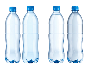 Four clear plastic bottles filled with water, arranged in two sets of two. Each has a blue cap and a ridged design