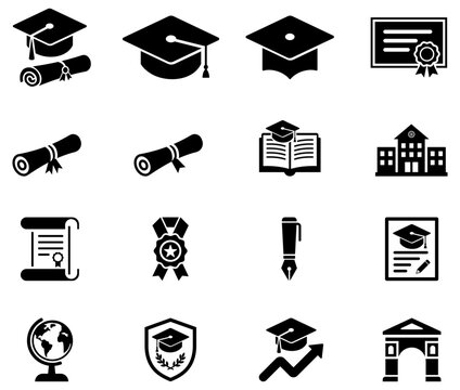 Clean education and graduation icon set featuring diploma, cap, certificate, school, book, badge, pen and globe elements, ideal for learning, academic, university and training themed designs.