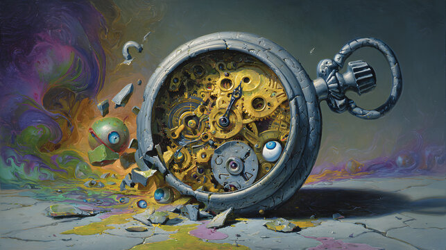 Surreal Broken Pocket Watch with Abstract Elements

