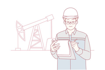 Engineer inspecting pump jack with clipboard, wearing safety helmet and glasses, line-art illustration of oil rig in background, calm professional atmosphere, technical checklist