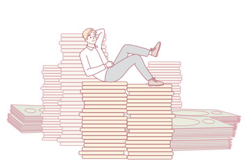 Happy successful businessman sitting on money stacks. Smiling man feel overjoyed with financial stability or wealth. Investment and finances. Vector illustration.