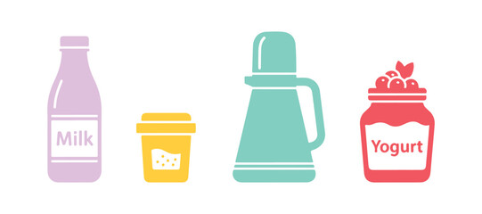 A colorful guide on how to make thermos yogurt, recipe included. Steps to prepare your own homemade fermented dairy treat.Fun flat vector icons in different colors.