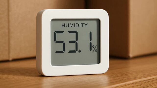food safety inspection monitoring concept. Digital humidity meter displaying 55.8% on a wooden surface.