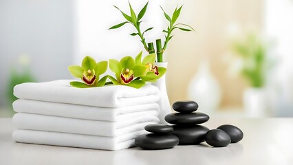 Spa arrangement with white towels black stones bamboo and green orchids