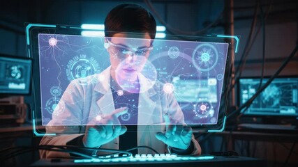 Futuristic scientist examining digital interface in laboratory for medical research and - Powered by Adobe