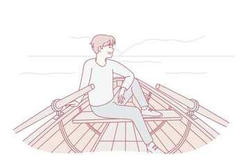 Youth in vessel exploring waters, Solitary rower peacefully drifting across early morning lake scene, Single enthusiast maneuvering wooden craft across calm waters as sunrise illuminates horizon