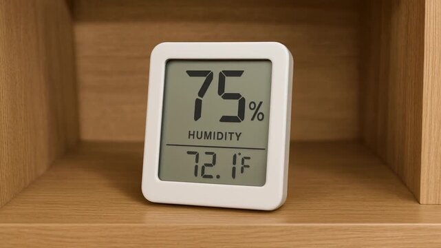 food safety inspection monitoring concept. Digital humidity gauge displaying temperature and humidity levels on a shelf.