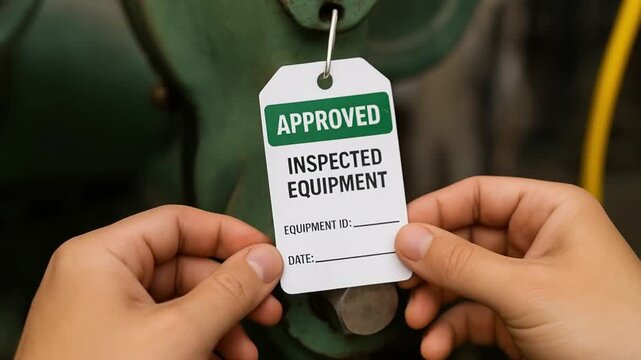 food safety inspection monitoring concept. Approved inspection tag attached to machinery by hands.