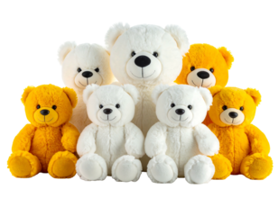 Group portrait of seven plush bears in various colors. Two rows are arranged on a black background, representing a diverse collection
