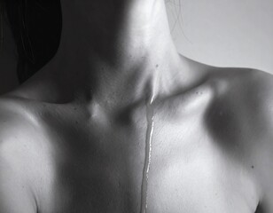 Monochrome capture of liquid artfully cascading down a person's elegant chest and neck