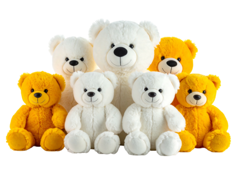 Group portrait of seven plush bears in various colors. Two rows are arranged on a black background, representing a diverse collection