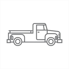Classic pickup truck in a simple line art style. Vintage farm vehicle side view outline icon for transportation design