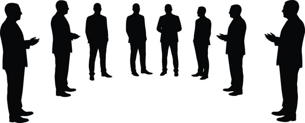 Silhouette of Businessmen Standing in Circle, Corporate Team Discussion, Professional Meeting Concept, Black Vector Illustration of Group Collaboration, Office People on White Background