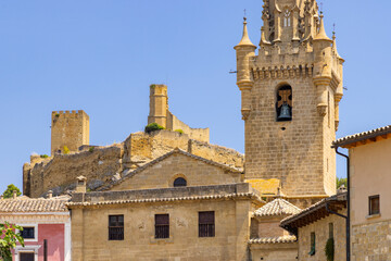 Uncastillo historic architecture presenting church tower and ancient castle