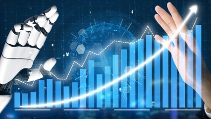 This image illustrates the interaction between artificial intelligence and human effort, showcasing a digital growth chart that represents innovation and technological advancement. Copula