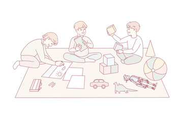 Happy kids sitting on floor playing with toys together. Smiling children have fun enjoy game activity in group. Childhood. Vector illustration.