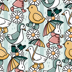 Seamless pattern with cute bunnies ducklings and geese wearing rain boots holding umbrellas among daisies perfect for kids spring fabric and nursery designs