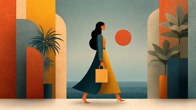 Modern boho flat illustration of a person walking through an abstract landscape representing work-life balance, soft muted colors, minimalist geometric forms, uplifting calm mood