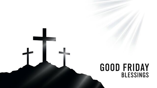Good friday blessings with three crosses on a hill, symbolizing sacrifice and redemption, under a bright sunbeam, isolated on white background