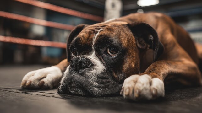 A boxer dog lies on the floor of a boxing ring looking tired after an intense training session. The environment is a gym with boxing equipment in the background.