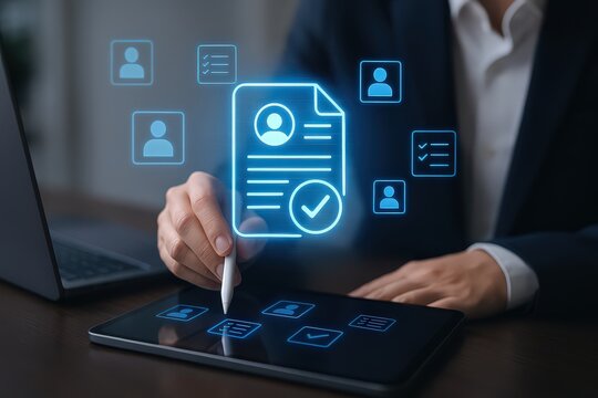 Person using stylus on tablet with digital profile icons