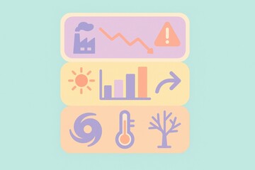 Analyzing Climate Change Indicators through Digital Icons Representing Industrial Pollution, Solar Energy, Graph Trends, Extreme Weather, and Ecological Disruption