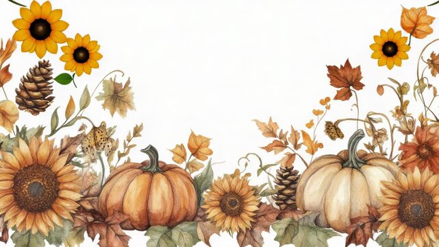 Video Watercolor artwork featuring sunflowers and pumpkins in vibrant colors
