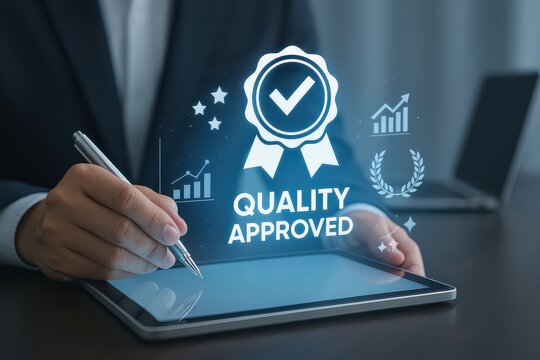 Person using tablet with quality approved hologram and icons