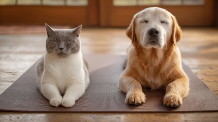 Cat and dog meditating on yoga mat together