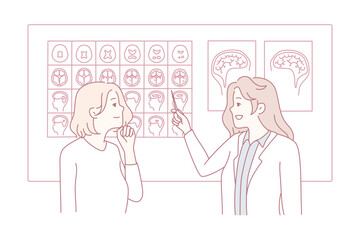 two female neurologists reviewing brain scans, pointing at mri film, calm professional consultation