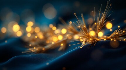 Abstract festive background with golden sparkling lights and bokeh. Close-up of a holiday decoration on dark blue fabric. Elegant Christmas and New Year's concept