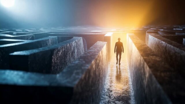 Maze man walking through dramatic fog challenge mystery decision journey captured in a powerful cinematic moment filled with emotion atmosphere depth and compelling visual storytelling 