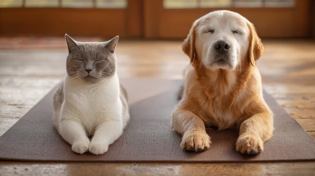 Cat and dog meditating on yoga mat together