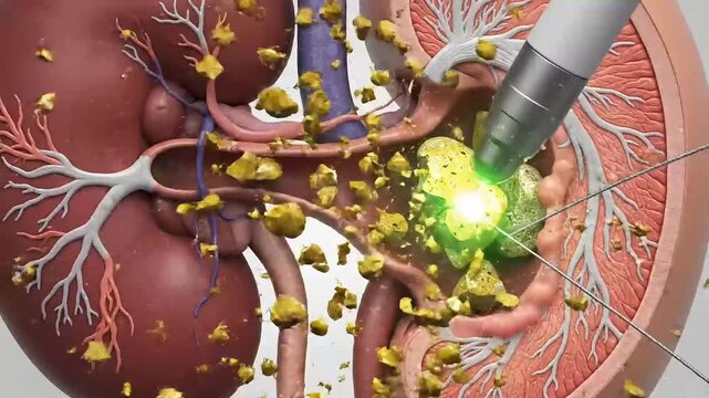 Kidney stone surgery of a 3D animation illustrating a surgical instrument, possibly a laser, breaking kidney stones within a detailed cross-section of a kidney.