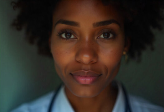 Close-up of an African nurse's painting smiling, her hair is curly