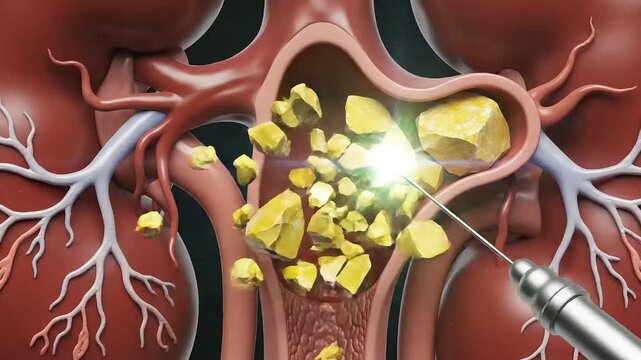 Kidney stone surgery of a 3D animation showcasing two large kidney stones positioned within the human renal pelvis, ready for treatment.