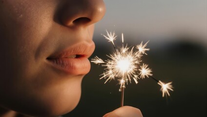 Close-up of a person holding a sparkler near their face.