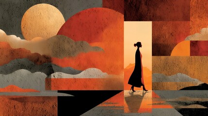 Modern boho flat illustration of a person walking through an abstract landscape representing work-life balance, soft muted colors, minimalist geometric forms, uplifting calm mood