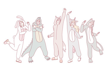 Happy people in funny animal costumes dancing and having fun. Friendship and partying. Flat vector illustration.
