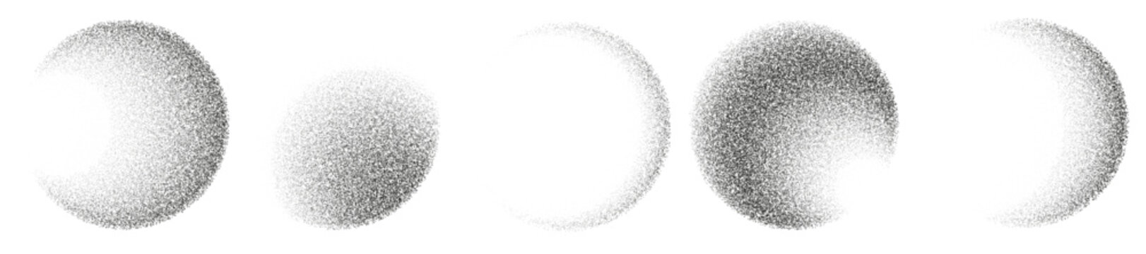 Noise spray spheres set. 3D orbs gradient with dots. Round shapes with grain effect. Dot dissolve gritty monochrome texture. Gray stipple vector pattern
