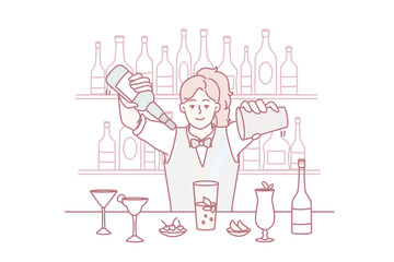 Young woman making cocktails at bar. Happy female barmen mix alcohol preparing beverage or drink in restaurant. Vector illustration.