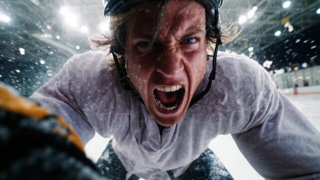 Hockey closeup captures a furious player screaming into the camera as ice spray explodes around him turning raw emotion and arena energy into an unforgettable dramatic sports highlight