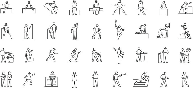 Businessman outline activity icons, line art people, working character poses, leadership training, teamwork sketch style, career development illustrations, business movement figures vector set