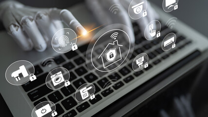A modern portrayal of a robotic hand interacting with a laptop, featuring icons that represent smart home security and digital lifestyle innovations. Gantry