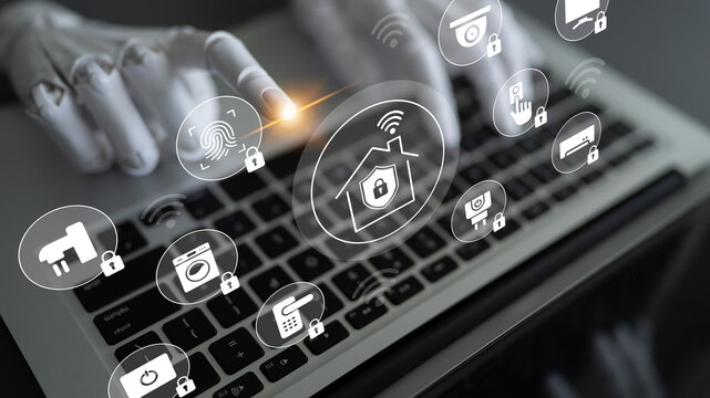 A modern portrayal of a robotic hand interacting with a laptop, featuring icons that represent smart home security and digital lifestyle innovations. Gantry