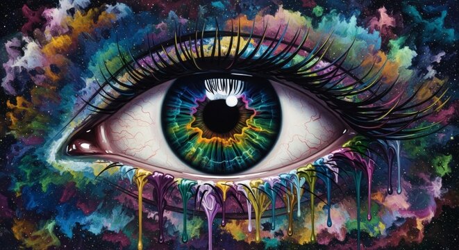 A vibrant eye with colorful dripping paint and cosmic background art - Powered by Adobe