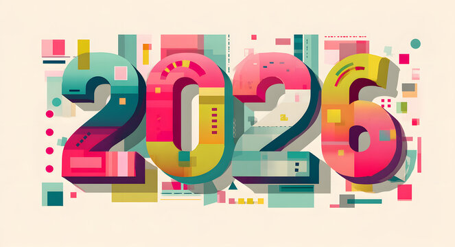 Abstract vector illustration for the year 2026, featuring modern typography with a vibrant pastel color gradient and decorative geometric shapes on a clean white background