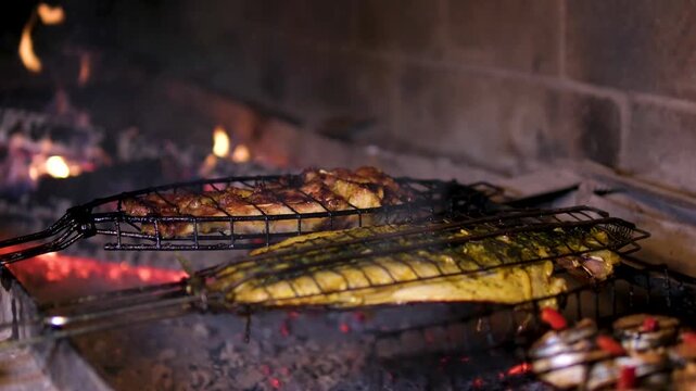 Delicious grilled mackerel fish inside grill grid on charcoal grill with rising smoke. Local sea fish preparation using outdoor brazier barbecue grill. High quality 4k footage